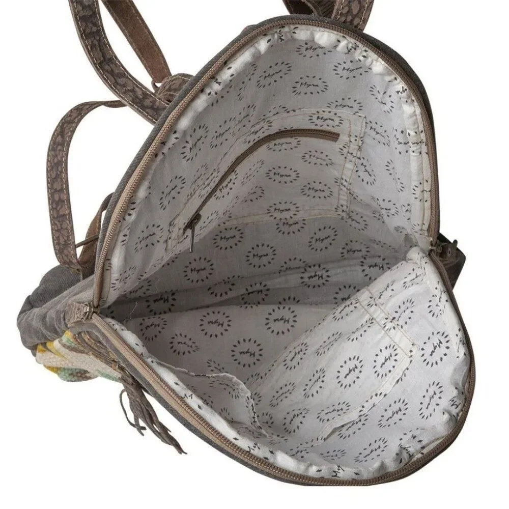 Myra Bag Handmade Absol Backpack Upcycled Canvas & Cowhide Leather